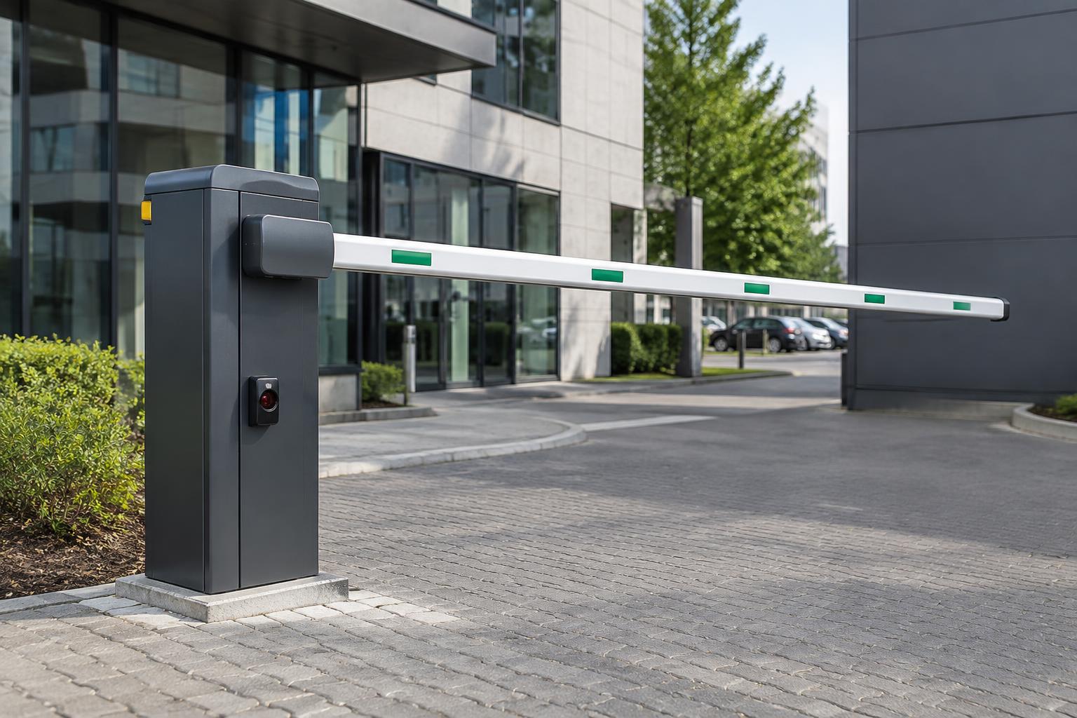 Detail van een automatische slagboom bij een bedrijfsterrein