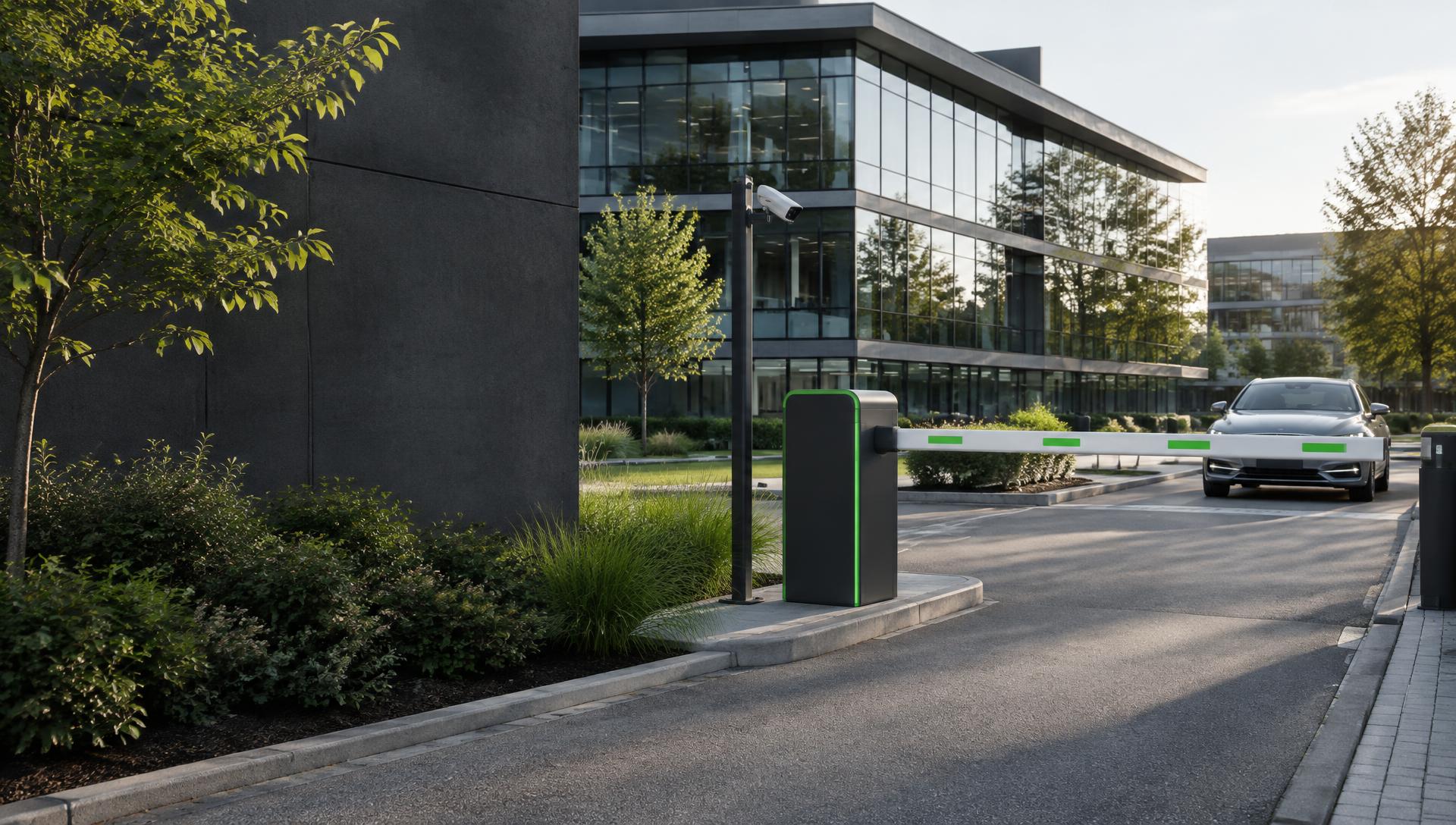 Slagboom en kentekencamera bij de toegang van een modern kantoor